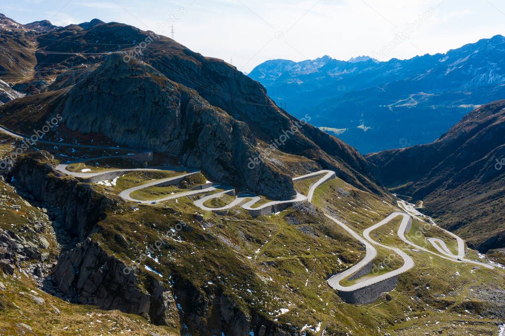 Tremola road on the Gotthard Pass in the Swiss mountains. Sunny day, nobody inside