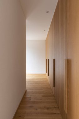 Beyaz duvarları ve ahşap zemini olan modern bir ev. Ahşap dolapları olan bir koridor. İçeride kimse yok.