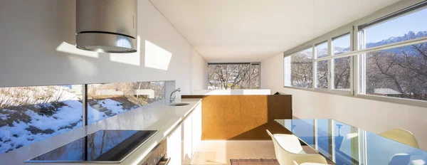 Vista Interior Apartamento Moderno Esquerda Cozinha Direita Mesa Jantar — Fotografia de Stock
