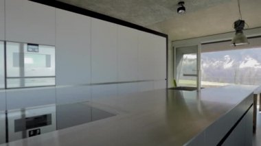 Büyük adası olan modern beyaz mutfak, indüksiyon hob, iki fırın, lavabo ve paslanmaz çelik kapak. İsviçre 'nin doğasına bakan büyük pencereler. Doli.
