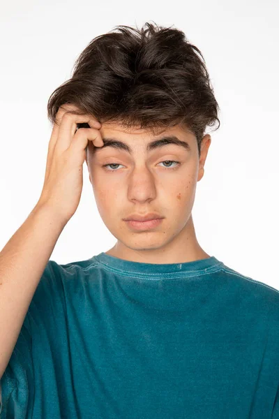 Close Portrait Young Boy Scratching His Head His Right Hand — Stock Photo, Image