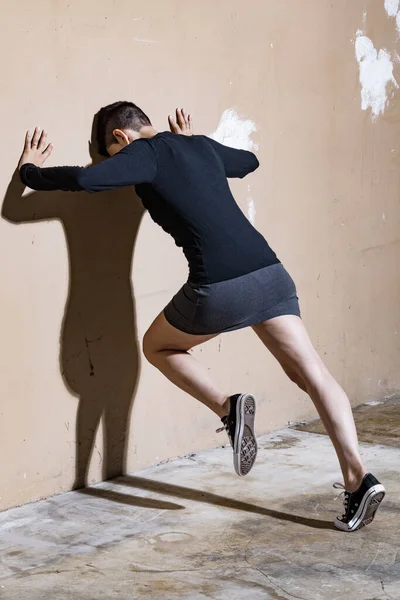 Young Woman Push Wall Big Shadow Body — Stock Photo, Image