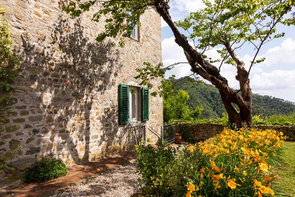 Detalhe Uma Parede Uma Antiga Casa Pedra Com Jardim Flores — Fotografia de Stock