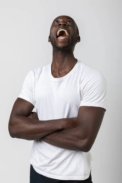 African Boy Arms Crossed Scream His Mouth Open Looks Half — Stock Photo, Image