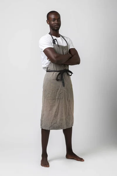 African Boy Apron Poses Three Quarter White Background Photo Studio — Stock Photo, Image