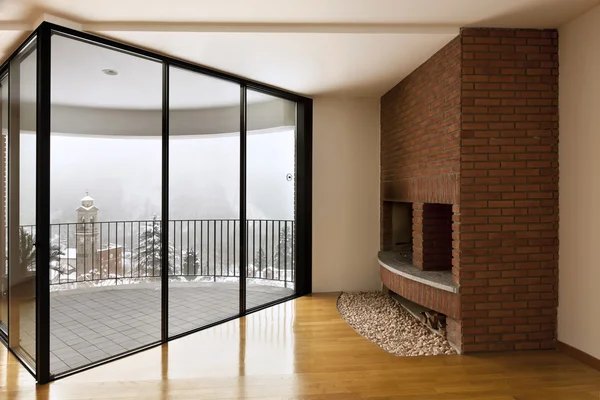 Bonito apartamento, gran ventana y chimenea — Foto de Stock