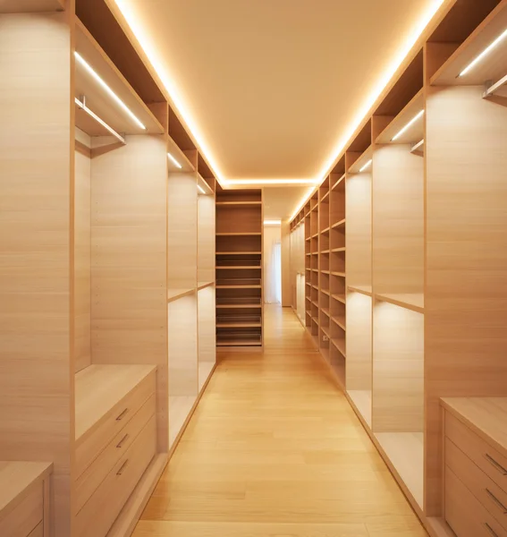 Elegant wooden walk-in closet ( mostly for women ) — Stock Photo, Image