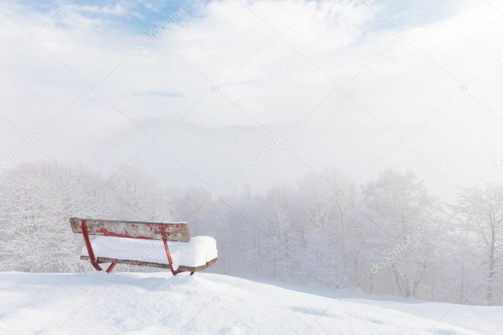 bench in front of winter landscape