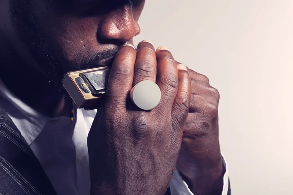 Musician plays the harmonica — Stock Photo, Image