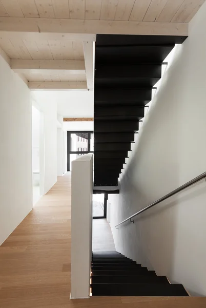 Empty corridor, modern black staircase — Stock Photo, Image