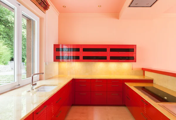 Red domestic kitchen — Stock Photo, Image