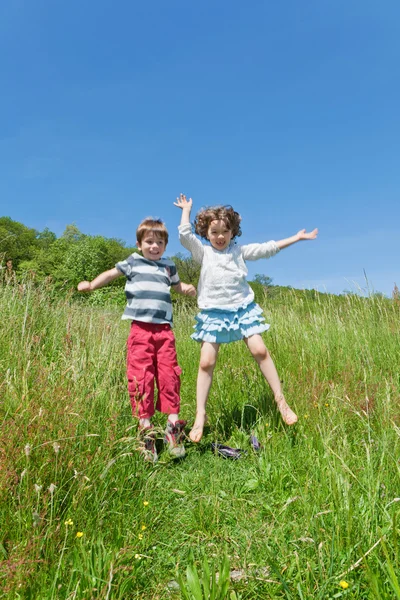 Two children jumping in a meadow — Stock Photo, Image