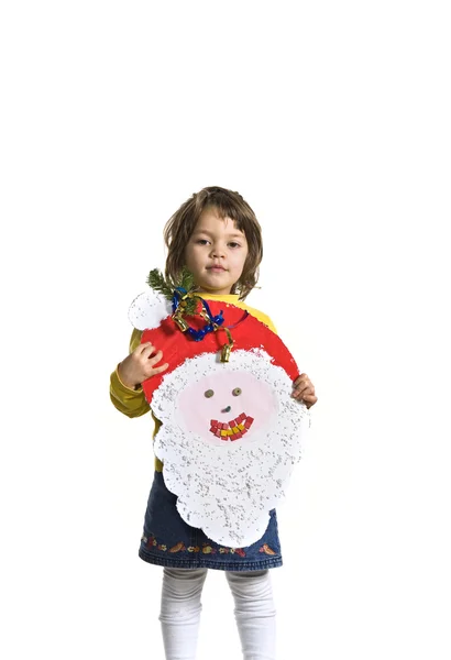 Little girl in studio with Santa's face — Stock Photo, Image