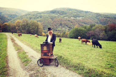 Kızıl saç ve sakal zarif adam onun sepeti organ uğraşırken