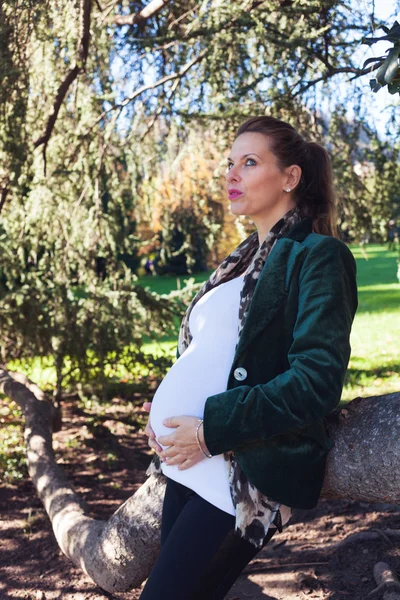 Zwanger in het park poseren — Stockfoto