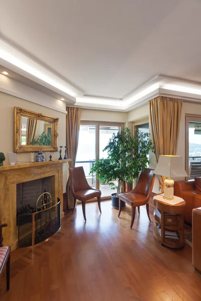 Interior, corner of room with fireplace — Stock Photo, Image