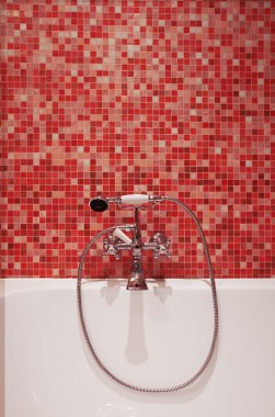 Kırmızı kiremit ve bir küvet ile banyo kimse