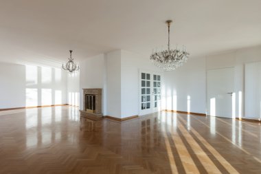 Interior, empty room with fireplace clipart