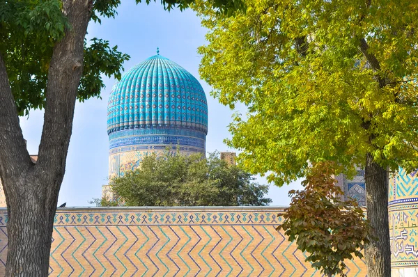 Cúpula clásica de mezquita uzbeka en un marco de árboles — Foto de Stock