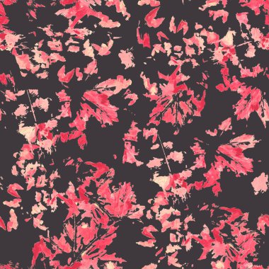 Soyut karışık yaprak izleri kusursuz deseni tekrarlıyor. Elle boyanmış desenli dijital görüntü. Tekstil dekoru ve tasarımı için sonsuz karışık ortam motifi.