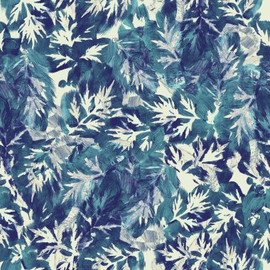 Soyut karışık yaprak izleri kusursuz deseni tekrarlıyor. Elle boyanmış desenli dijital el çizimi resim. Tekstil dekoru ve tasarımı için sonsuz karışık ortam motifi.