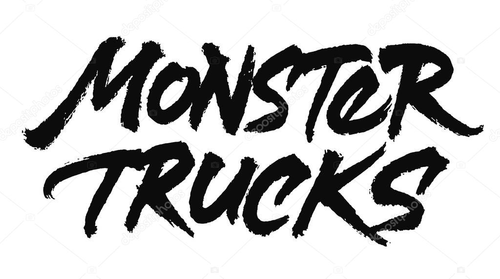Monster Trucks vector lettering. Handwritten text label. Freehand typography design