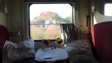 Bir tren kompartımanından doğaya bir manzara. Rahat bir kompartımandan bir tren penceresi.