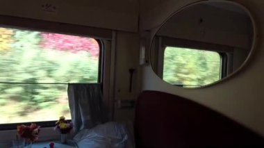 Trenin camından geçen yeşil ağaçlar, sokaktaki trafik gibi. Demiryolu boyunca ilerleyen modern ve rahat bir aracın görüntüsü..