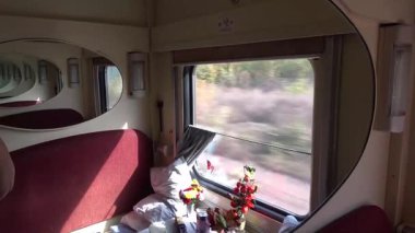 Trenin camından geçen yeşil ağaçlar, sokaktaki trafik gibi. Demiryolu boyunca ilerleyen modern ve rahat bir aracın görüntüsü..