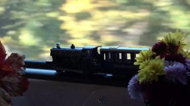 Bir tren kompartımanından doğaya bir manzara. Rahat bir kompartımandan bir tren penceresi.