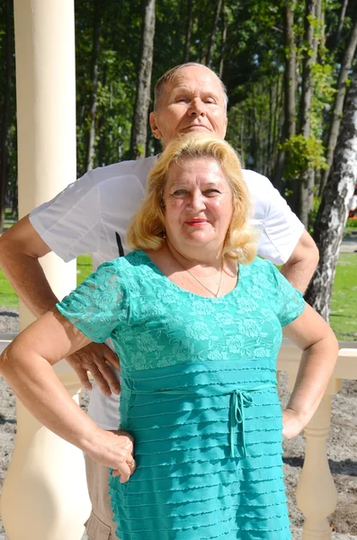 Happy elderly couple hands on hips, portrait — Stock Photo, Image