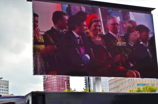 Opening ceremony of the new Markthal on 01 October 2014 in Rotterdam, Netherlands. on big street tv screen — Stock Photo, Image