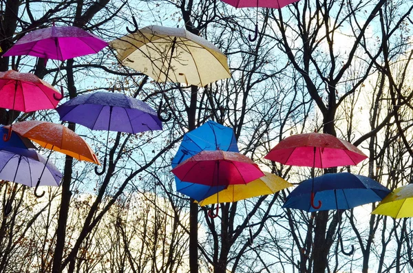 Сolorful umbrellas hanging in the air — Stock Photo, Image