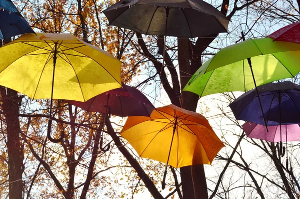 Сolorful umbrellas hanging in the air — Stock Photo, Image