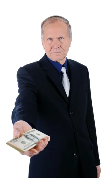 Geschäftsmann, gibt einen Haufen Dollars isoliert auf weißem Hintergrund — Stockfoto