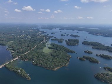Aerial view of lush islands and blue water in the 1000 Islands region, St. Lawrence River, Canada. g