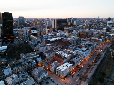 Montreal evening skyline with illuminated streets in Old Port district. g.