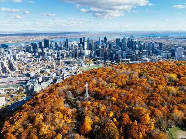 Montreal ufuk çizgisinin sonbahar havası ve canlı sonbahar yeşillikleriyle Royal Park Dağı. g.