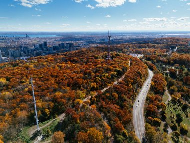 Montreal ufuk çizgisinin sonbahar havası ve canlı sonbahar yeşillikleriyle Royal Park Dağı. g.