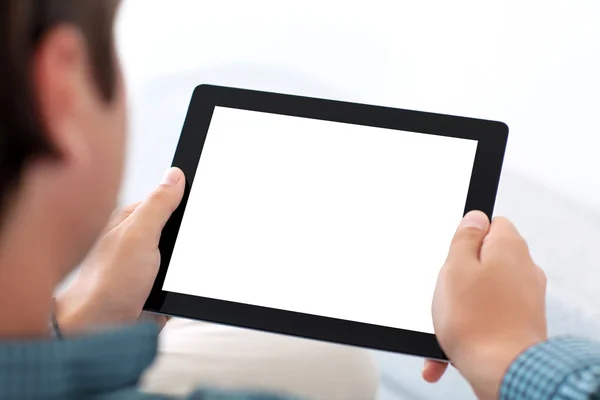 Man holding tablet with isolated screen — Stock Photo, Image
