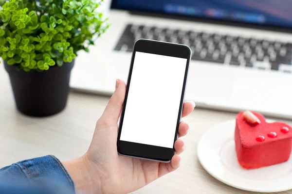 Frauen halten Telefon mit isoliertem Bildschirm und Notebook in der Hand — Stockfoto