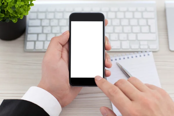 Imprenditore mani in possesso di telefono con schermo isolato in offi — Foto Stock