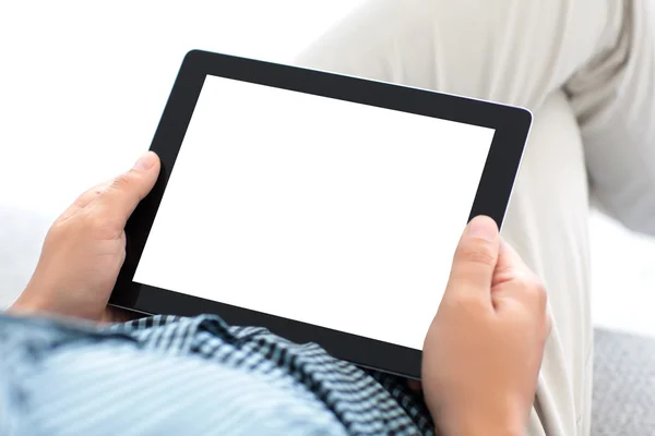 Man zitten en houden van tablet pc met geïsoleerde scherm — Stockfoto