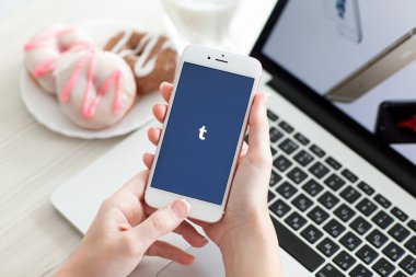 İphone6s tutan kadın sosyal ağ hizmeti ile Rose Altın 