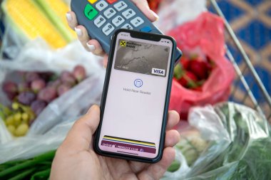 Alanya, Türkiye - 10 Kasım 2020: Ekranda Raiffeisenbank uygulamalı iPhone 11 ile el ele tutuşan kadın ve çevrimiçi POS terminali satın alma.