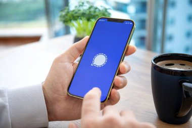 Alanya, Türkiye - 12 Ocak 2020: İnsan eli iPhone 12 Pro Max Gold ve sosyal ağ habercisi ekranda.