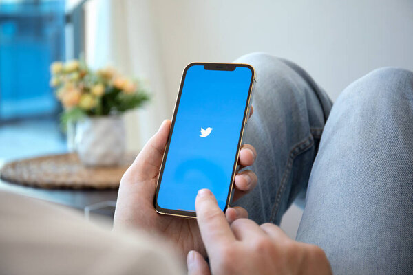 Alanya, Turkey - December 6 2020: Man hand holding iPhone 12 Pro Max Gold with social networking service Twitter on the screen.