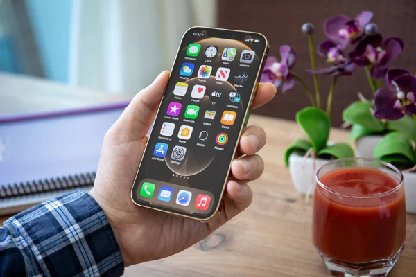 Alanya Türkei Januar 2020 Mann Hält Iphone Pro Max Gold — Stockfoto