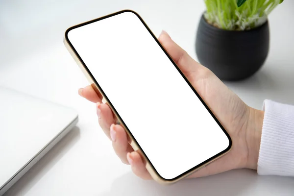 Female Hands Holding Golden Phone Isolated Screen White Table Office — Stock Photo, Image
