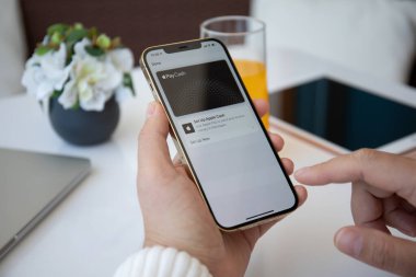 Alanya, Türkiye - 30 Mart 2021: Man hand holding iPhone 12 Pro Max Gold ve Apple Pay Cash ekranda. iPhone 12 Apple tarafından oluşturuldu ve geliştirildi..